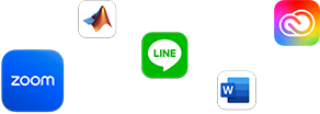 ไอคอนแอปหลายแอปวางกระจัดกระจายอยู่ ทั้ง Zoom, MATLAB, WhatsApp, Microsoft Word และ Adobe Creative Cloud