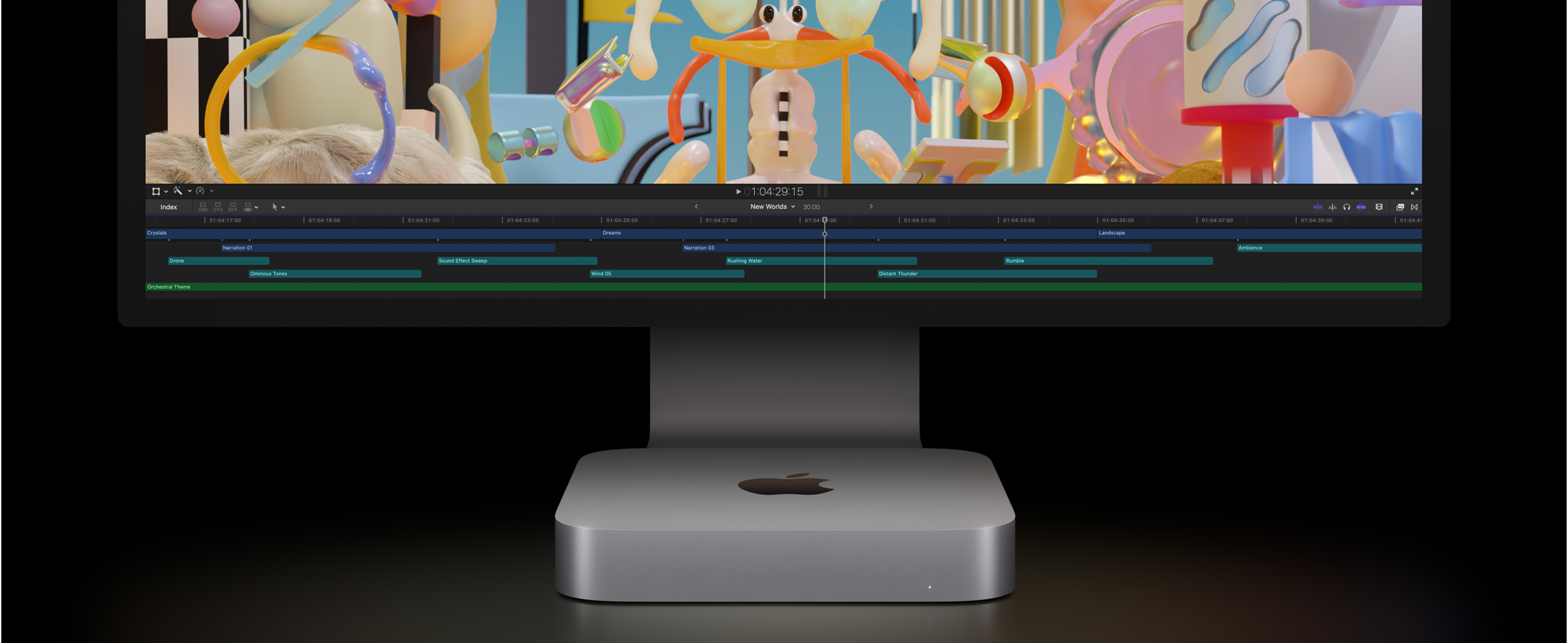 มุมมองด้านหน้าของ Mac mini และ Studio Display แสดงโปรเจ็กต์ตัดต่อวิดีโอใน Final Cut Pro