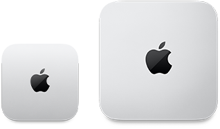 Mac mini สองเครื่อง, ด้านบน, อะลูมิเนียมสีเงิน, มุมมน, โลโก้ Apple สีดำมันเงาอยู่ตรงกลาง, เครื่องที่อยู่ทางซ้ายเป็นรุ่นล่าสุดและมีขนาดน้อยกว่าครึ่งหนึ่งของเครื่องที่อยู่ทางขวา