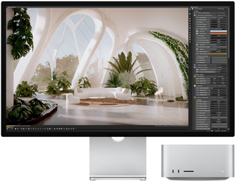 มุมมองด้านหน้าของ Studio Display วางคู่กับ Mac Studio
