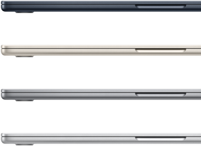 แล็ปท็อป MacBook Air จำนวน 4 เครื่อง แสดงให้เห็นถึงสีที่มีให้เลือก ได้แก่ สีมิดไนท์ สีสตาร์ไลท์ สีเทาสเปซเกรย์ และสีเงิน