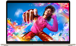หน้าจอของ MacBook Air แสดงรูปภาพสีสันสดใสเพื่อแสดงให้เห็นถึงขอบเขตสีและความละเอียดของจอภาพ Liquid Retina