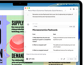 หน้าจอ MacBook Air แสดงเครื่องมือการเขียนของ Apple Intelligence ที่กำลังสร้างแฟลชการ์ดเกี่ยวกับเศรษฐศาสตร์จุลภาคและมหภาค