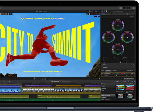 หน้าจอ MacBook Air, มุมมองบางส่วน, แสดงการตัดต่อวิดีโอเพื่อสาธิตความสามารถของชิป M5