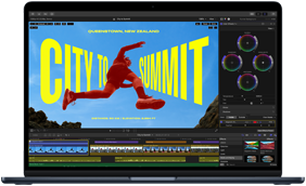 หน้าจอ MacBook Air, มุมมองบางส่วน, แสดงการตัดต่อวิดีโอเพื่อสาธิตความสามารถของชิป M5