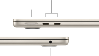 MacBook Air, พับปิดอยู่, ด้านซ้าย, แสดงพอร์ต MagSafe และพอร์ต Thunderbolt จำนวน 2 พอร์ต, ด้านขวา, แสดงช่องต่อหูฟัง