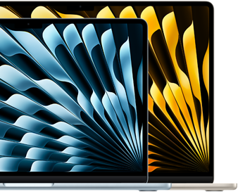 แล็ปท็อป MacBook Air จำนวน 2 เครื่องแสดงขนาดของจอภาพเมื่อเปรียบเทียบกัน ได้แก่ 13.6 นิ้ว และ 15.3 นิ้ว ซึ่งวัดในแนวทแยง