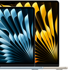 แล็ปท็อป MacBook Air จำนวน 2 เครื่องแสดงขนาดของจอภาพเมื่อเปรียบเทียบกัน ได้แก่ 13.6 นิ้ว และ 15.3 นิ้ว ซึ่งวัดในแนวทแยง