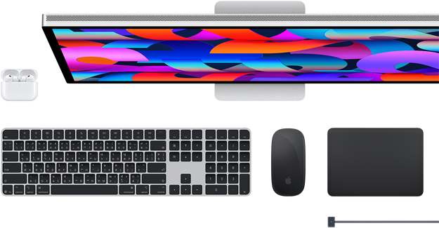 อุปกรณ์เสริมของ Mac ได้แก่ AirPods, Studio Display, Magic Keyboard, Magic Mouse, Magic Trackpad, สายชาร์จ MagSafe