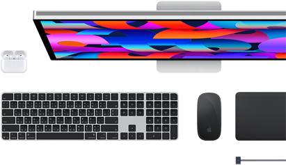 อุปกรณ์เสริมของ Mac ได้แก่ AirPods, Studio Display, Magic Keyboard, Magic Mouse, Magic Trackpad, สายชาร์จ MagSafe