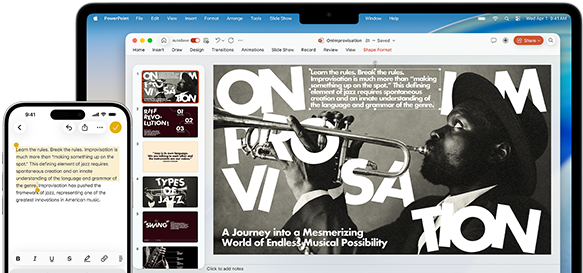iPhone 16 Plus ที่มีข้อความไฮไลท์อยู่ในแอปโน้ต, Macbook Air ที่เปิดสไลด์ Keynote, ข้อความจากแอปโน้ตปรากฏบนสไลด์