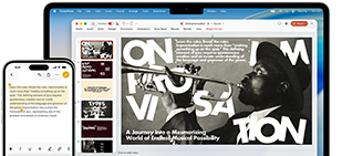 iPhone 16 Plus ที่มีข้อความไฮไลท์อยู่ในแอปโน้ต, Macbook Air ที่เปิดสไลด์ Keynote, ข้อความจากแอปโน้ตปรากฏบนสไลด์