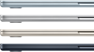 ภายนอกด้านข้างของแล็ปท็อป MacBook Air จำนวน 4 เครื่อง ซึ่งแสดงสีสันที่แตกต่างกัน 4 สี