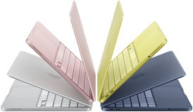 แล็ปท็อป MacBook Neo สีเงิน สีบลัช สีซิตรัส และสีอินดิโกที่เปิดกางอยู่เล็กน้อยและจัดเรียงเป็นทรงโค้ง