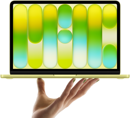 MacBook Neo สีซิตรัส, วางอยู่บนปลายนิ้วของมือที่แบออก, หน้าจอแสดงลวดลายแอ็บสแตรกต์สีสันสวยงาม
