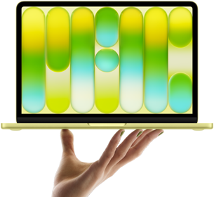 MacBook Neo สีซิตรัส, วางอยู่บนปลายนิ้วของมือที่แบออก, หน้าจอแสดงลวดลายแอ็บสแตรกต์สีสันสวยงาม