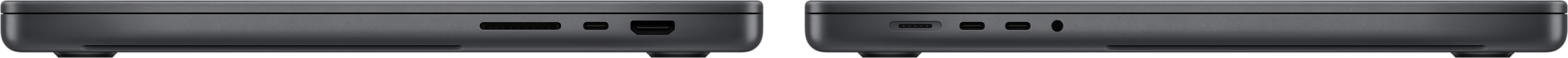 มุมมองด้านข้างของ MacBook Pro แสดงช่องเสียบการ์ด SDXC, พอร์ต Thunderbolt 4 จำนวน 3 พอร์ต, พอร์ต HDMI, พอร์ตชาร์จ MagSafe 3 และช่องต่อหูฟัง