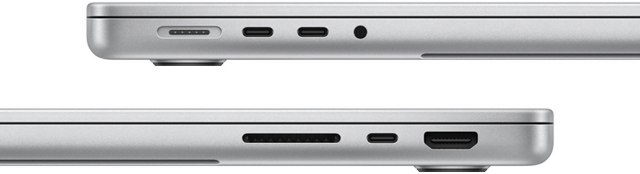 มุมมองด้านข้างของ MacBook Pro รุ่น 14 นิ้ว พร้อมชิป M3 Pro ที่แสดงพอร์ตต่างๆ โดยมีพอร์ต MagSafe, พอร์ต Thunderbolt 4 จำนวน 2 พอร์ต และช่องต่อหูฟังอยู่ทางด้านซ้าย และมีช่องเสียบการ์ด SDXC, พอร์ต Thunderbolt 4 จำนวน 1 พอร์ต และพอร์ต HDMI อยู่ทางด้านขวา
