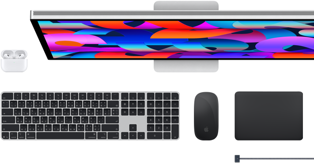 อุปกรณ์เสริมของ Mac ได้แก่ AirPods, Studio Display, Magic Keyboard, Magic Mouse, Magic Trackpad, สายชาร์จ MagSafe สีดำสเปซแบล็ค