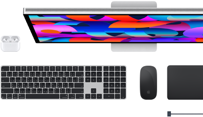 อุปกรณ์เสริมของ Mac ได้แก่ AirPods, Studio Display, Magic Keyboard, Magic Mouse, Magic Trackpad, สายชาร์จ MagSafe สีดำสเปซแบล็ค