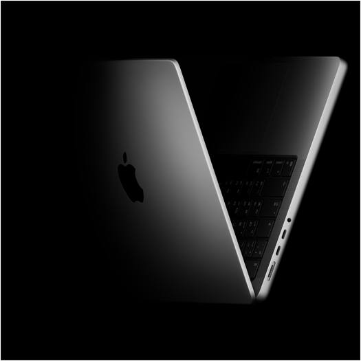 MacBook Pro ที่วางในรูปทรงตัว V ซึ่งอ้างอิงจากชิป M5