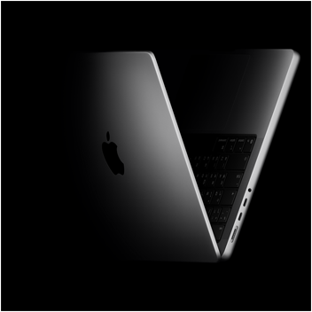 MacBook Pro ที่วางในรูปทรงตัว V ซึ่งอ้างอิงจากชิป M5