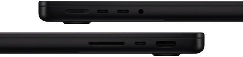 แสดงพอร์ตต่างๆ บน MacBook Pro ซึ่งด้านซ้ายมี MagSafe 3, Thunderbolt จำนวน 2 พอร์ต และช่องต่อหูฟัง ส่วนด้านขวามีช่องเสียบการ์ด SDXC, Thunderbolt จำนวน 1 พอร์ต และ HDMI