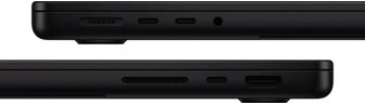 แสดงพอร์ตต่างๆ บน MacBook Pro ซึ่งด้านซ้ายมี MagSafe 3, Thunderbolt จำนวน 2 พอร์ต และช่องต่อหูฟัง ส่วนด้านขวามีช่องเสียบการ์ด SDXC, Thunderbolt จำนวน 1 พอร์ต และ HDMI