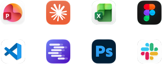 ไอคอนแอปสำหรับ Microsoft PowerPoint, Claude โดย Anthropic, Microsoft Excel, Figma, Visual Studio Code, LM Studio, Adobe Photoshop และ Slack