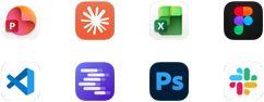 ไอคอนแอปสำหรับ Microsoft PowerPoint, Claude โดย Anthropic, Microsoft Excel, Figma, Visual Studio Code, LM Studio, Adobe Photoshop และ Slack