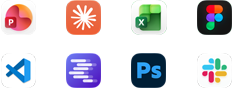 ไอคอนแอปสำหรับ Microsoft PowerPoint, Claude โดย Anthropic, Microsoft Excel, Figma, Visual Studio Code, LM Studio, Adobe Photoshop และ Slack