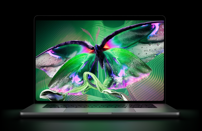 MacBook Pro พร้อมจอภาพ PROLED XDR, ฝาเปิดอยู่, สีดำสเปซแบล็ค, จอภาพแสดงภาพที่มีคอนทราสต์สูงและรายละเอียดที่ชัดเจนพร้อมสีสันที่สดใส, หน้าจอส่องสว่างไปบนคีย์บอร์ด