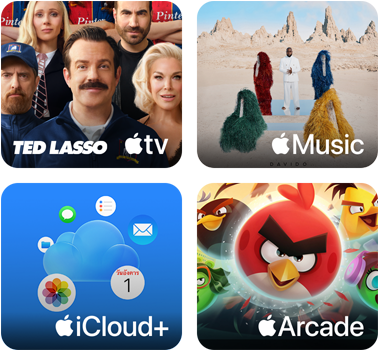 สี่ช่อง, ช่อง Apple TV แสดงตัวละครจากรายการ Ted Lasso, ช่อง Apple Music แสดงปกอัลบั้ม 5ive ของ Davido, ช่อง iCloud Plus แสดงเมฆที่ล้อมรอบด้วยไอคอนแอปรูปภาพ ปฏิทิน เมล เตือนความจำ ข้อความ และไฟล์, ช่อง Apple Arcade แสดงตัวละครจากเกม Angry Birds