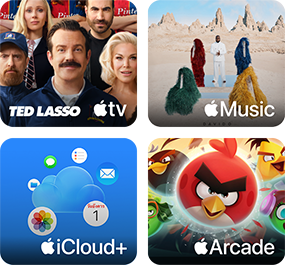 สี่ช่อง, ช่อง Apple TV แสดงตัวละครจากรายการ Ted Lasso, ช่อง Apple Music แสดงปกอัลบั้ม 5ive ของ Davido, ช่อง iCloud Plus แสดงเมฆที่ล้อมรอบด้วยไอคอนแอปรูปภาพ ปฏิทิน เมล เตือนความจำ ข้อความ และไฟล์, ช่อง Apple Arcade แสดงตัวละครจากเกม Angry Birds