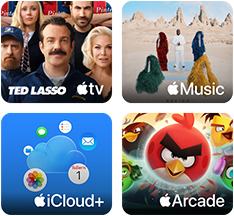 สี่ช่อง, ช่อง Apple TV แสดงตัวละครจากรายการ Ted Lasso, ช่อง Apple Music แสดงปกอัลบั้ม 5ive ของ Davido, ช่อง iCloud Plus แสดงเมฆที่ล้อมรอบด้วยไอคอนแอปรูปภาพ ปฏิทิน เมล เตือนความจำ ข้อความ และไฟล์, ช่อง Apple Arcade แสดงตัวละครจากเกม Angry Birds