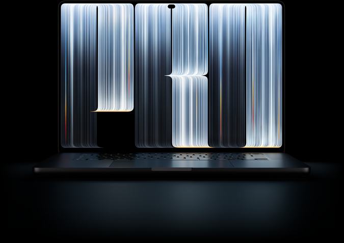 MacBook Pro พร้อมจอภาพ PROLED XDR, สีดำสเปซแบล็ค, หน้าจอแสดงวัตถุคล้ายริบบิ้นที่มีลวดลายเรียงตัวกันอย่างหนาแน่นพร้อมแถบเรืองแสงที่สะกดเป็นคำว่า Pro