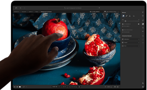 MacBook Pro พร้อมจอภาพ PROLED XDR แสดงภาพนิ่งของผลทับทิมพร้อมเซรามิกและสิ่งทอสีฟ้า มือหนึ่งยื่นออกไปที่หน้าจอเพื่อโต้ตอบกับภาพ
