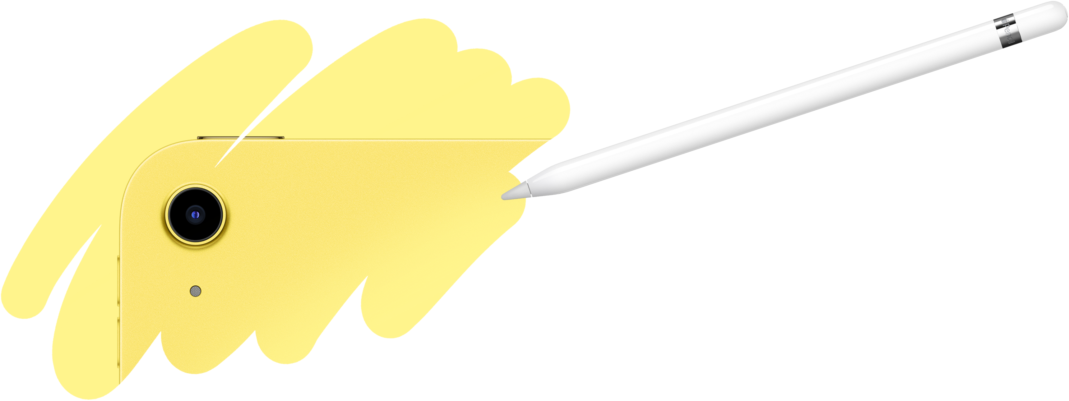 การขีดเส้นของ Apple Pencil ที่เผยให้เห็นด้านหลังของ iPad พร้อมด้วยกล้องหลัง.