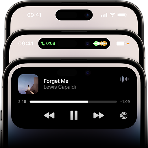 หน้าจอ iPhone 14 Pro แสดงสถานะของ Dynamic Island ที่ต่างกัน 3 แบบ