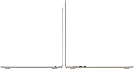 MacBook Air รุ่น 13 นิ้ว และ 15 นิ้ว ที่เปิดกางอยู่และวางหันหลังชนกัน